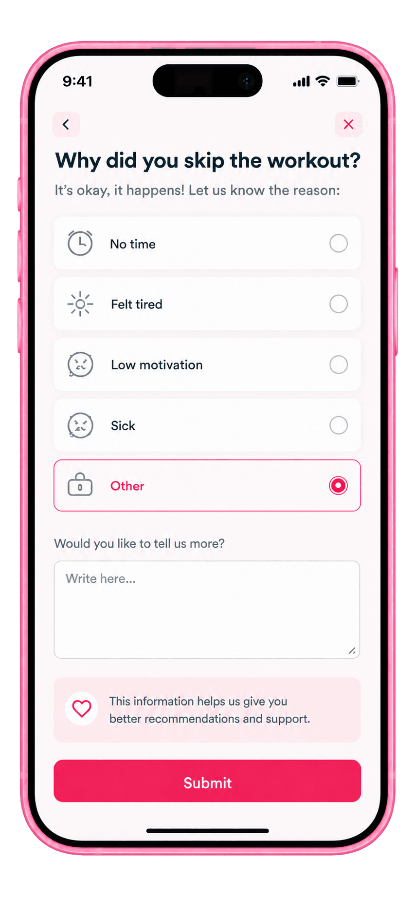 Kjut app - praleistos treniruotės priežastis